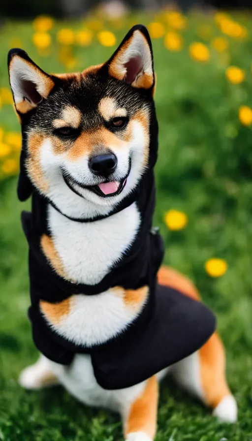Prompt: a portrait shiba inu wearing a a black turtle neck and wearing a black barret, looking at the camera, bokeh, depth of feild, dslr photo