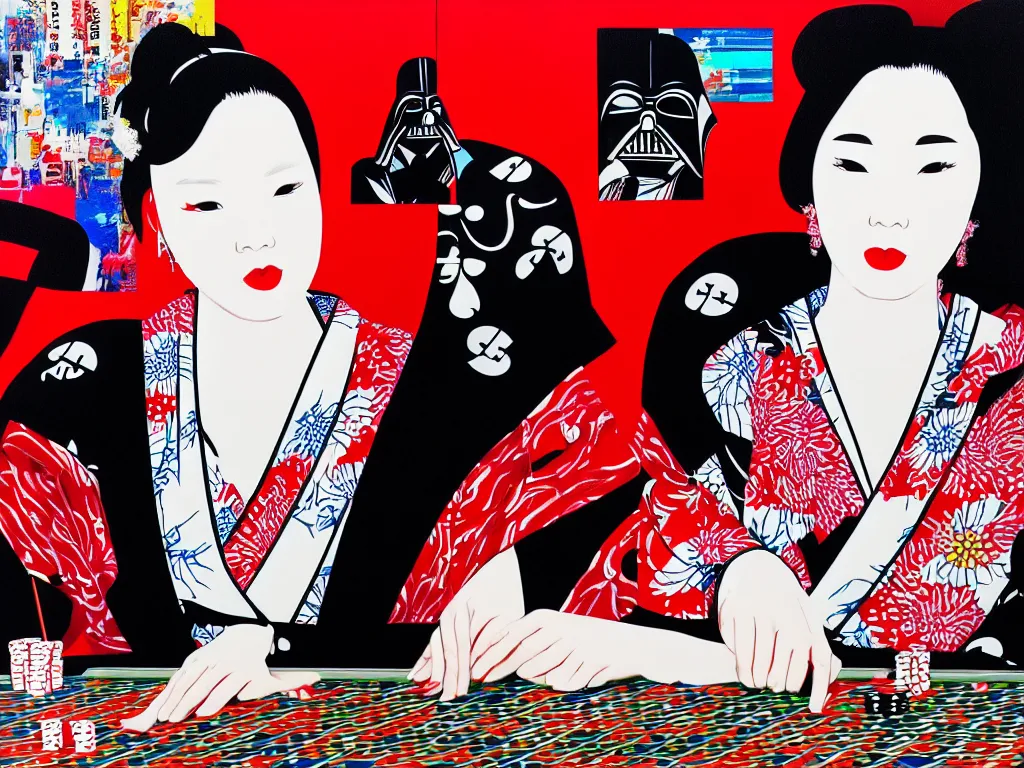 Image similar to hyperrealism composition of the detailed single woman in a japanese kimono sitting at a extremely detailed poker table with darth vader, fireworks, river on the background, pop - art style, jacky tsai style, andy warhol style, acrylic on canvas