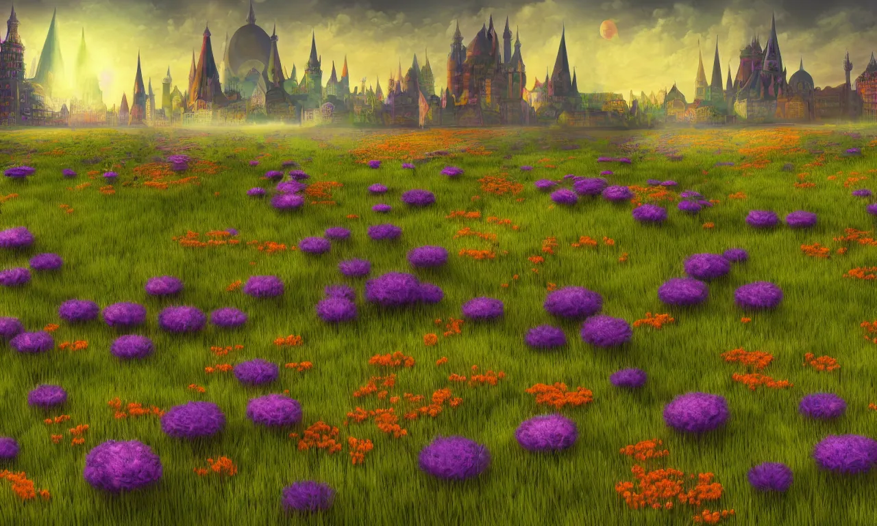 Prompt: discworld, meadow flowers, nordic noir, cityscape, digital art, 3 d illustration