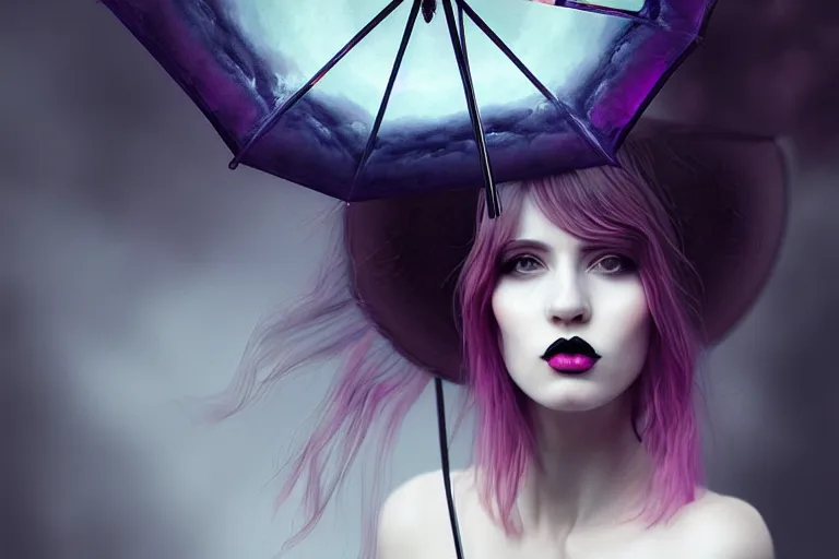 Prompt: surreal Portrait of beautiful goth woman with transparent umbrella in dmt chromatic surreal enviroment, elegant, highly detailed, smooth, photoreal, sharp focus, illustration, beautiful, geometric, dmt trending on artstation, cinematic, artwork by WLOP