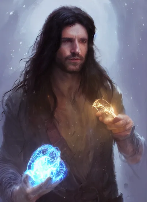 Image similar to portrait of a man with long black hair in brown rags holding a glowing device, fantasy, d & d, heartstone, digital painting, volumetric light, intricate, sharp, focus, bloom, illustration, highly detailed, concept art, matte, ruan jia, randy vargas, greg rutkowski