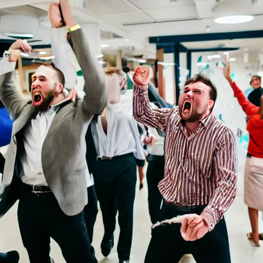 Image similar to unhappy business people throwing computers, screaming yelling, smashing things in their wework office. high resolution color magazine candid photograph.