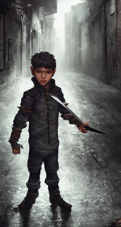 Prompt: A young boy wearing thief clothes with daggers in an alleyway, epic fantasy, octane render, high detail, photorealistic, High details,4k