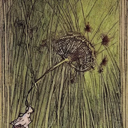 Image similar to a beautiful fairytale painting of a dandelion seed that is also a fairy. the dandelion seed is the body of the fairy. beautiful clear painting by arthur rackham