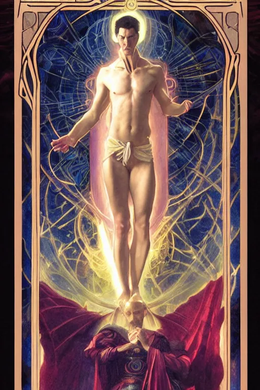 Image similar to An Epic Tarot Card of Dr. strange casting dynamic powerful spell. lit by dark evil magic portal, amazing colour harmony and variation, simple background, by Donato Giancola, William Bouguereau, John Williams Waterhouse, tarot card border made of rare sentient opalescent cosmic ivory by Alphonse Mucha