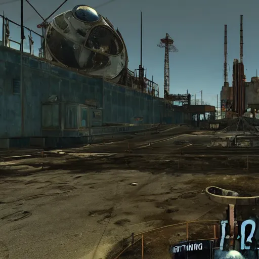 Image similar to kennedy space center in ruins post - nuclear war in fallout 4, in game screenshot