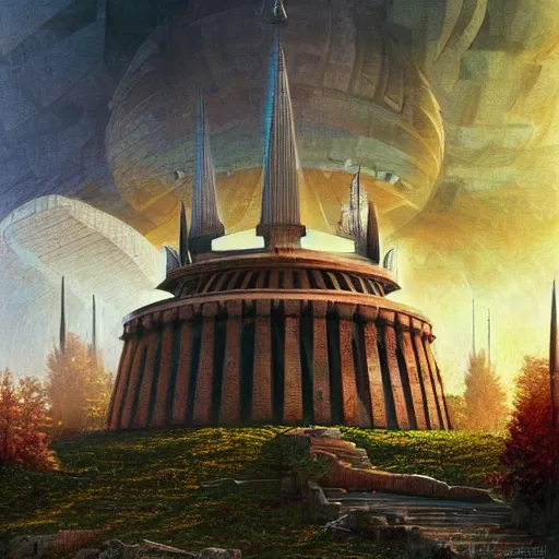 Prompt: A digital intricate masterpiece illustration concept art of a mighty brutalist spomenik structure and a greek doric ionic corinthian fountain with its top in the heaven, taiga landscape + inspired art by Bruce Pennington, Ted Naismith, Daniel Merriam + symmetry + intricate complexity, epic composition, magical atmosphere, highly detailed, cinematic lighting + wide long shot, wide angle + trending on artstation + 8k