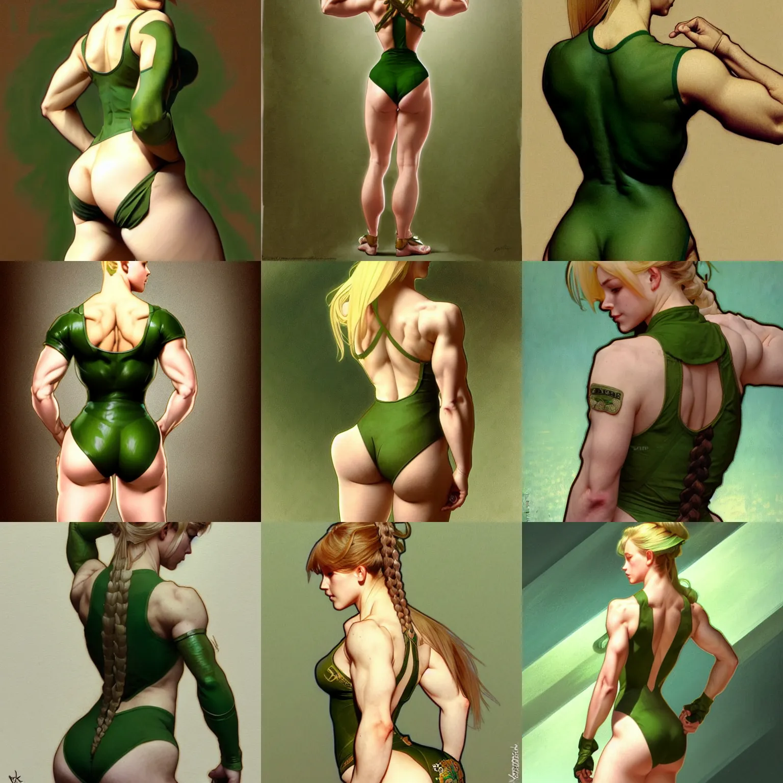 Prompt: back shot of a muscled blonde female soldier wearing green leotard, long braids, intricate illustration by krenz cushart, alphonse mucha, artgerm, trending on artstation