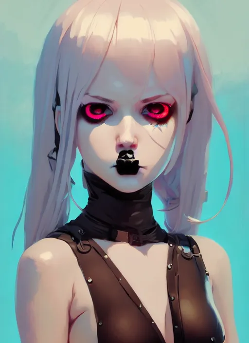 Image similar to portrait of cute goth maiden girl in cyber bikini armor, face by ilya kuvshinov, warhammer, cyberpunk, by atey ghailan, by greg rutkowski, by greg tocchini, by james gilleard, by joe fenton, by kaethe butcher, dynamic lighting, gradient light blue, brown, blonde cream and white color in scheme, grunge aesthetic
