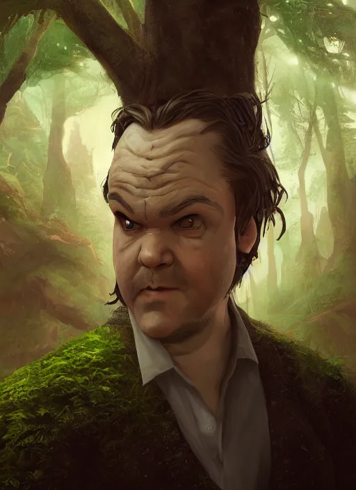 Image similar to A fantasy comic book style portrait painting of a jack black as a slender hobbit in a atmospheric forest setting, unreal 5, DAZ, hyperrealistic, octane render, RPG portrait, ambient light, dynamic lighting