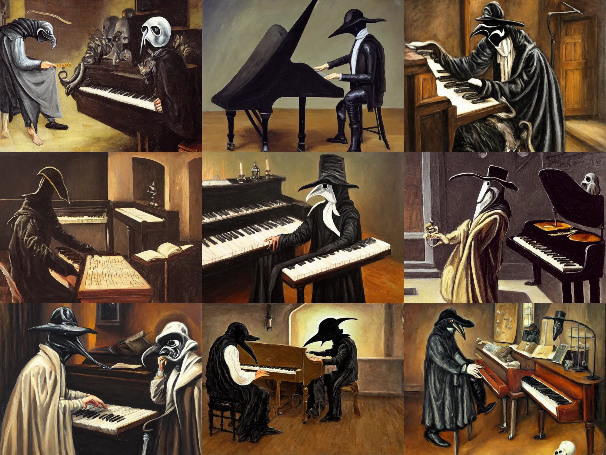 Prompt: a plague doctor playing a concert piano, oil painting, epic