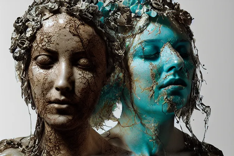 Prompt: a sculpture of a beautiful woman with flowing tears, turquoise fractal flowers on the skin, intricate, a marble sculpture by nicola samori, behance, neo - expressionism, marble sculpture, made of mist, still frame from the prometheus movie by ridley scott with cinematogrophy of christopher doyle, arri alexa, 8 k