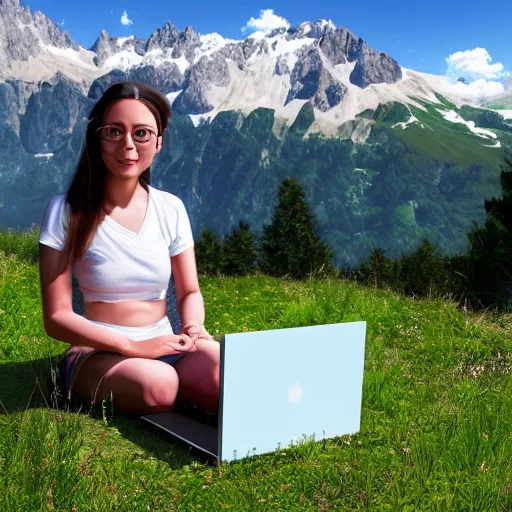 Prompt: smart female junior developer working with laptop outside in the mountains in summer, alps, 4k, digital art, highly detailed, artstation, 8k, ultrafine detail