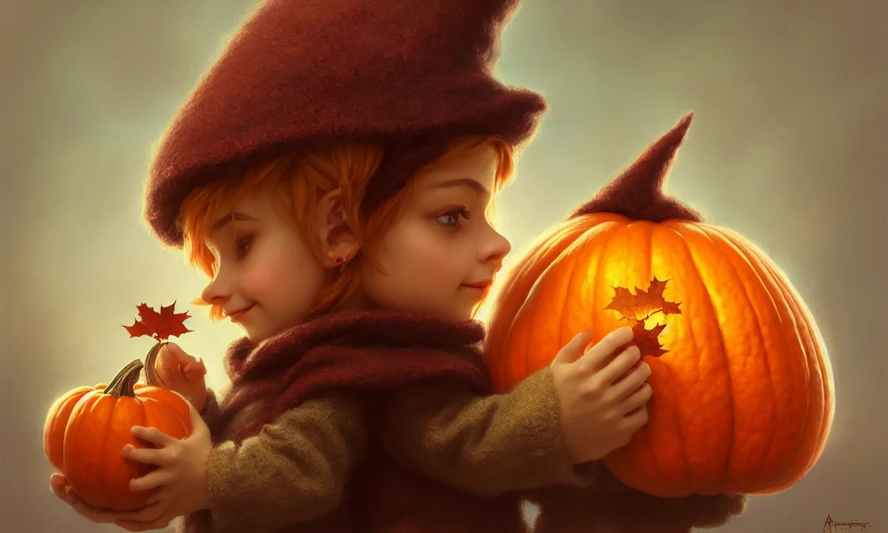 Image similar to hand drawn cute one gnomes face in autumn disguise holding pumpkin, detailed closeup face, concept art, low angle, high detail, warm lighting, volumetric, godrays, vivid, beautiful, trending on artstation, art by artgerm and greg rutkowski and alphonse mucha