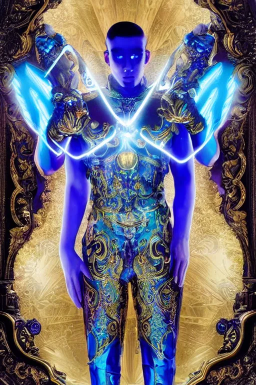 Image similar to full-body sculpture of a young handsome Latino prince as a half cibernetic android with a glowing blue battery in his chest, white laser beam coming out of his eyes, crown of giant diamonds, flowing neon-colored silk, fabric, raptors, in a cyperbunk and baroque style. baroque elements. full-length view. baroque element. intricate artwork by caravaggio. many many birds birds on background. Trending on artstation, octane render, cinematic lighting from the right, hyper realism, octane render, 8k, depth of field, 3D