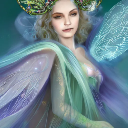 Image similar to detailed portrait of a fairy queen with wings wearing a magic silk and lace robe with a hood, crown, pixie, iris, realism, emerald, galaxy, sapphire,blonde hair going down to the floor, moonlit, dark fantasy, dramatic lighting, cgsociety, artstation