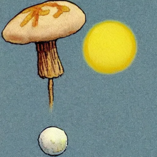 Prompt: toadstool with a ( fried egg )! cap. illustration by beatrix potter