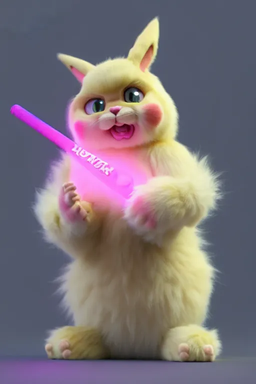 Image similar to high quality 3 d render hyperrealist very cute pastel fluffy! grumpy gargoyle cat hybrid eating giant ice cream full body, vray smooth, in the style of detective pikachu, hannah yata charlie immer, dramatic pink light, low angle, uhd 8 k, sharp focus