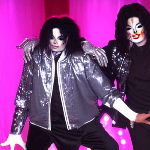 Image similar to kevin smith and michael jackson performing together at the standup show, realistic photo, 8k, light falling on the stage, highly detailed, hyperrealistic, very detailed