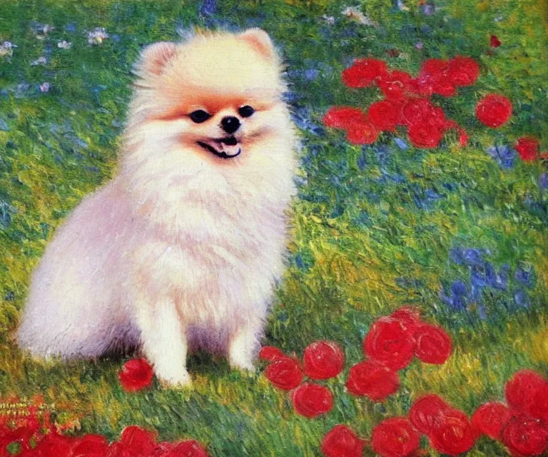 Image similar to pomeranian, cute, monet, oil painting