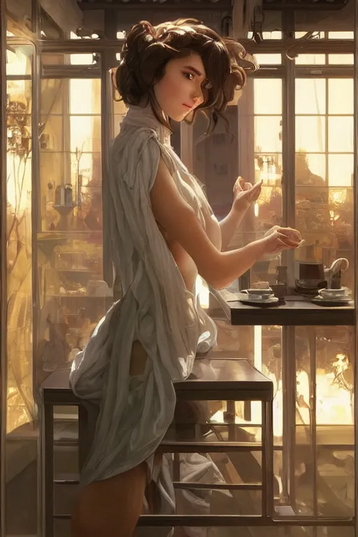 Image similar to an attractive serene cute android in a cafe, partially human , partially biomedical design , natural atmosphere, great high details, highly reaslitic, cinematic lighting, intricate, elegant, super highly detailed, art station, concept arD, beautiful, delicate, art by artgerm and greg rutkowski and alphonse mucha and loish and WLOP