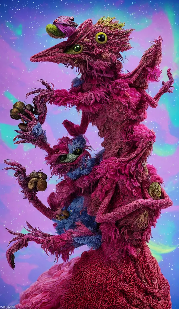 Image similar to hyper detailed 3d render like a Oil painting - kawaii portrait of two Aurora (a beautiful skeksis muppet fae princess protective playful silly from dark crystal that looks like Anya Taylor-Joy with mascara) seen red carpet photoshoot in UVIVF posing in scaly dress to Eat of the Strangling network of yellowcake aerochrome and milky Fruit and His delicate Hands hold of gossamer polyp blossoms bring iridescent fungal flowers whose spores black the foolish stars by Jacek Yerka, Ilya Kuvshinov, Mariusz Lewandowski, Houdini algorithmic generative render, Abstract brush strokes, Masterpiece, Edward Hopper and James Gilleard, Zdzislaw Beksinski, Mark Ryden, Wolfgang Lettl, hints of Yayoi Kasuma and Dr. Seuss, octane render, 8k