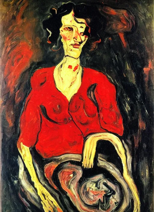 Image similar to an oil portrait of crooked meaty woman in a black fury coat and red dress, dark rich background, a sophisticated composition, in expressive style of Chaim Soutine and Frank Auerbach and Van Gogh, complimentary palette