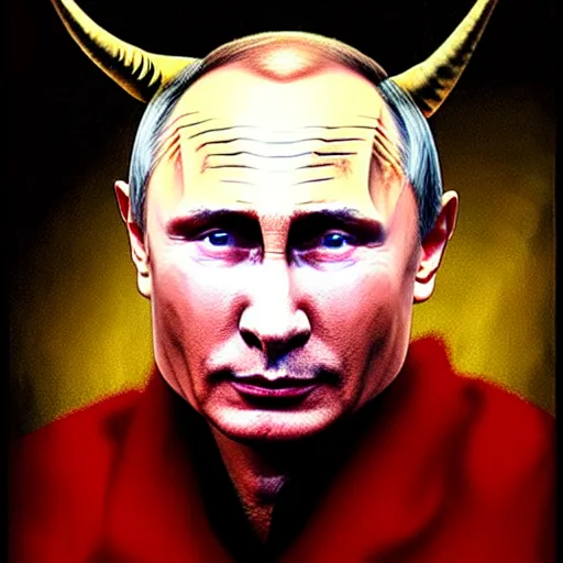 Prompt: portrait of vladimir putin in the form of a devil, with goat horns, red skin and a look of fear on his face