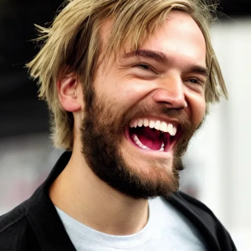 Image similar to PewDiePie laughing without any teeth, wild hair