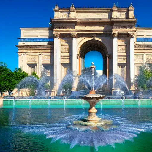 Prompt: a large building with a fountain in front of it, a screenshot by bencho obreshkov, shutterstock contest winner, international typographic style, 1 9 9 0 s, photo taken with ektachrome, panorama