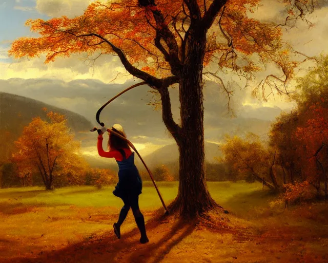 Image similar to landscape portrait of a girl swinging an axe, swinging axe at a hickory tree, autumn mountains, original oil on canvas painting by william sydney mount, trending on artstation