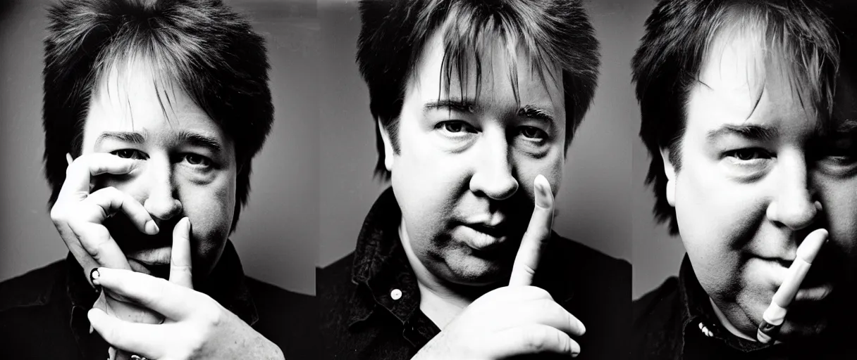 Image similar to award winning photo of BILL HICKS finds a treasure in an apartment smoking, vivid colors, happy, symmetrical face, beautiful eyes, studio lighting, wide shot art by Sally Mann & Arnold Newman