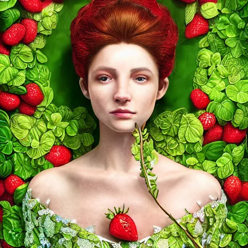 Image similar to the portrait of an absurdly beautiful, graceful, elegant, sophisticated woman made of strawberries and green petals, an ultrafine hyperdetailed illustration by irakli nadar, intricate linework, bright colors, octopath traveler, final fantasy, unreal engine 5 highly rendered, global illumination, radiant light, detailed and intricate environment