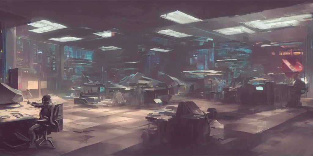 Prompt: a dystopian cyberpunk office interior with huge holographic displays everywhere, ralph maquarrie and syd mead cinematic matte painting, 4 k