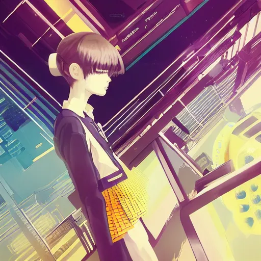 Image similar to Frequency indie album cover, luxury advertisement, yellow filter. Clean and detailed post-cyberpunk sci-fi close-up schoolgirl in asian city in style of cytus and deemo, blue flame, relaxing, calm and mysterious vibes, by Tsutomu Nihei, by Yoshitoshi ABe, by Ilya Kuvshinov, by Greg Tocchini, nier:automata, set in half-life 2, Matrix, GITS, Blade Runner, Neotokyo Source, Syndicate(2012), dynamic composition, beautiful with eerie vibes, very inspirational, very stylish, with gradients, surrealistic, dystopia, postapocalyptic vibes, depth of field, mist, rich cinematic atmosphere, perfect digital art, mystical journey in strange world, beautiful dramatic dark moody tones and studio lighting, shadows, bastion game, arthouse