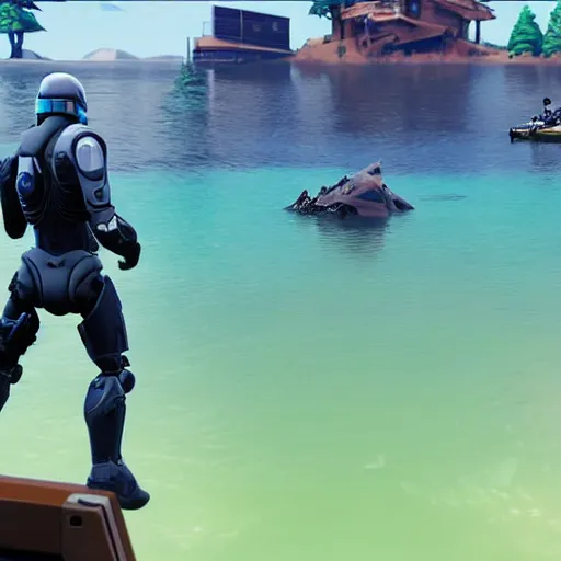 Prompt: Master Chief drowning in a lake, while Robocop watches from the shore, a screenshot from Fortnite