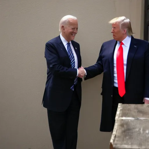 Prompt: Donald Trump and Joe Biden shaking hands in an alley