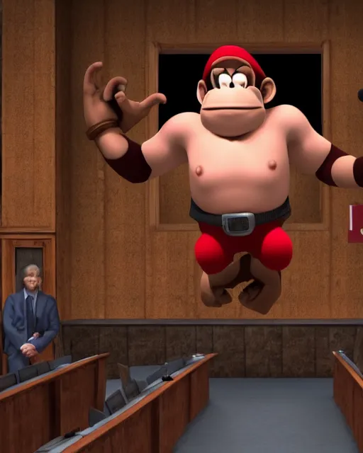 Prompt: donkey kong being cross examined in a court of law, 4 k