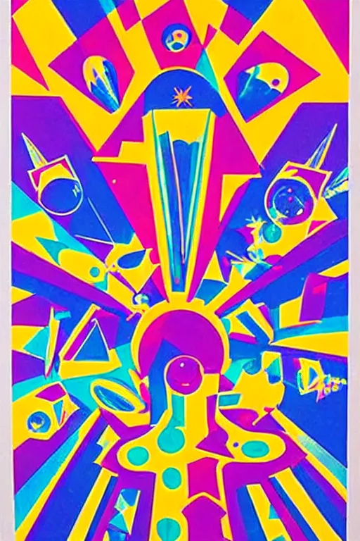 Image similar to original screen print, very detailed symmetric!! 6 0 s artwork by peter max of people flying admist huge crystal shards in space, hd, psychedelic