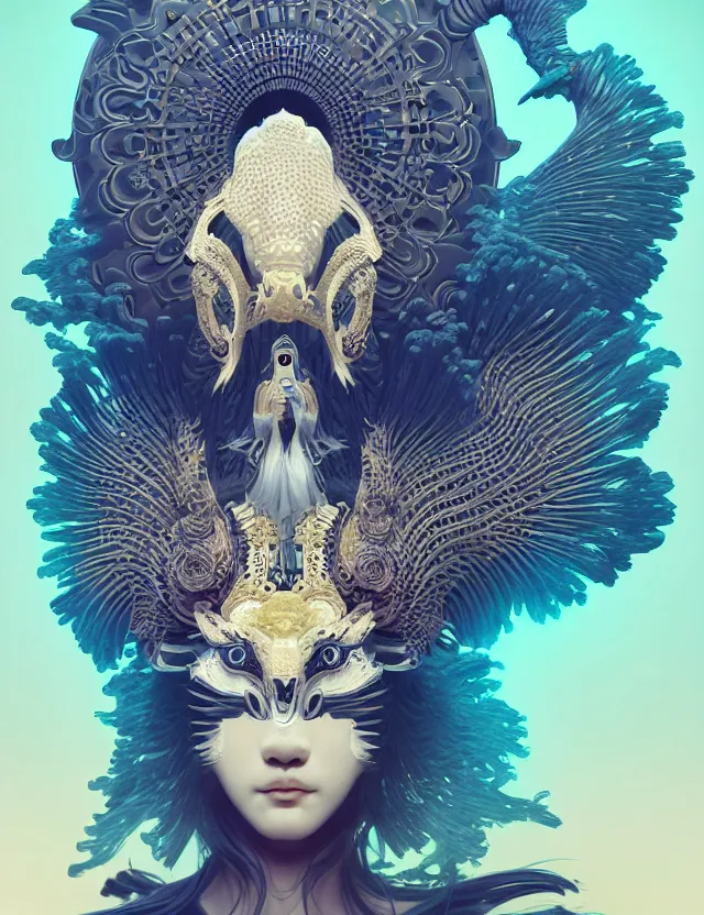 Image similar to simple coherent artwork. 3 d goddess close - up 3 / 4 portrait with ram skull. beautiful intricately detailed japanese crow kitsune mask and clasical japanese kimono. betta fish, jellyfish phoenix, bio luminescent, plasma, ice, water, wind, creature, artwork by tooth wu and wlop and beeple and greg rutkowski