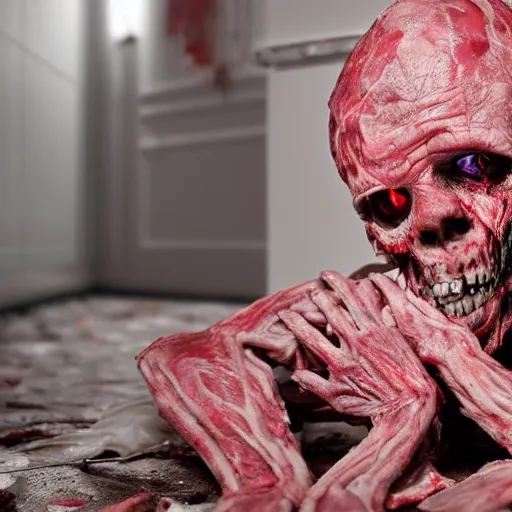 Image similar to an 8 k uhd digital photo of a zombie with crumpled on the bathroom floor showing raw elbows and bent knees and flesh and meat and tendon