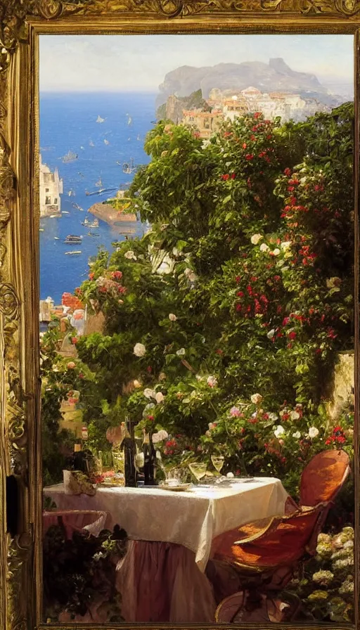 Prompt: still-life painting of garden-terrace party overlooking the Amalfi Coast, by Peder Krøyer, golden hour, dramatic lighting, volumetric lighting, intricately detailed, canvas print