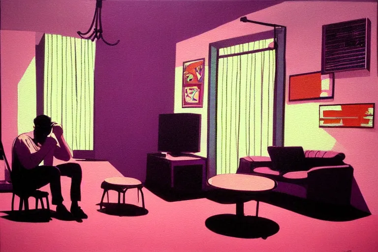 Image similar to old israeli apartment, todd solondz drinking alone, smoking, vaporwave colors, state of melancholy, romantic, dimmed lights, painting by francis bscon