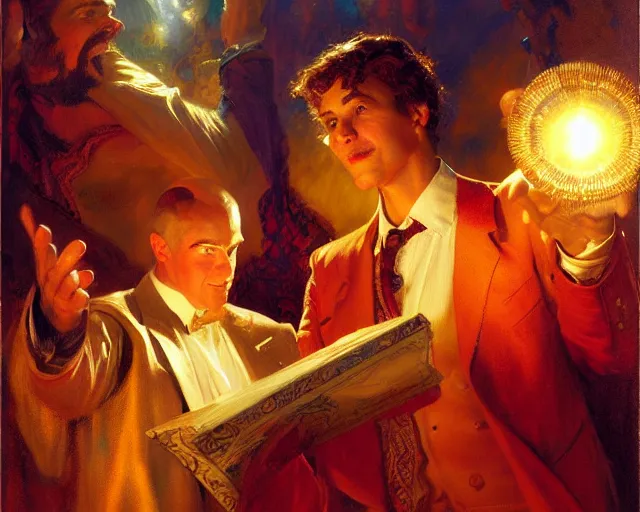 Image similar to attractive magician man, casting light magic, summoning a handsome god. highly detailed painting by gaston bussiere, craig mullins, j. c. leyendecker 8 k