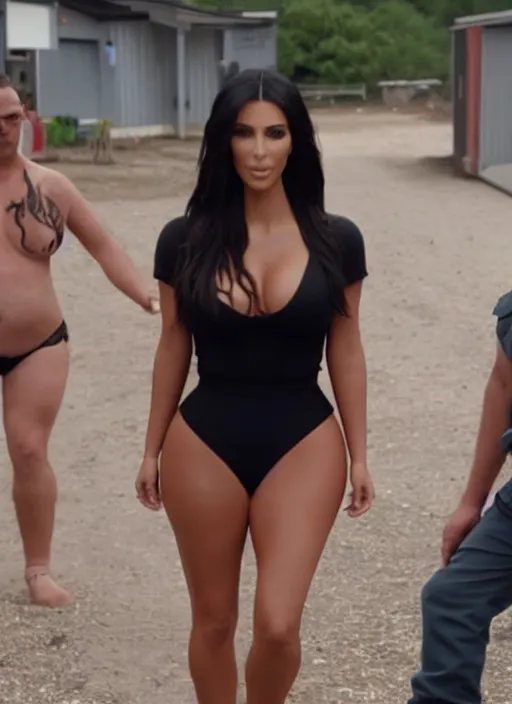 Prompt: film still of kim kardashian in trailer park boys,