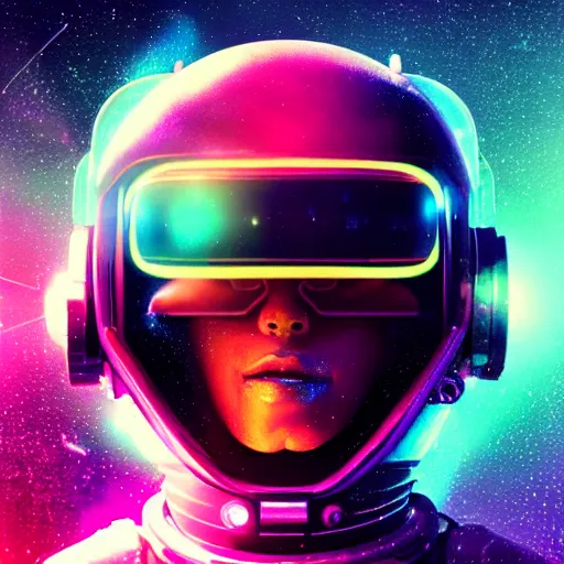 Image similar to cyberpunk astronaut bot, cinema 4 d, galaxy space sci - fi, wearing vr goggles, illustration, portrait, pastel neon textured background night, trending on artstation, greg rutkowski, octane rendered, 1 2 k, detailed,