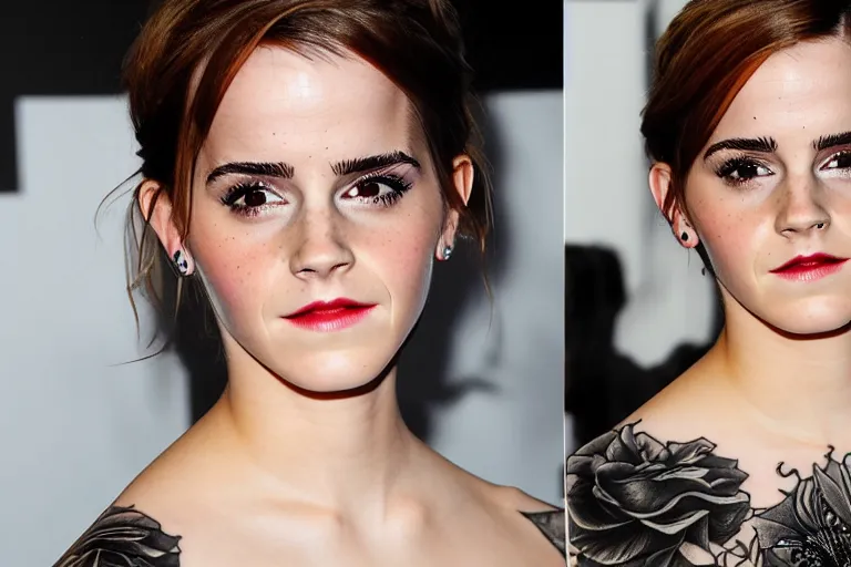 Image similar to emma watson, dope tattoo, hyperrealistic