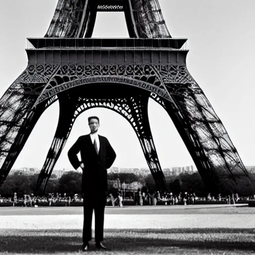 Prompt: Man in black suit standing in front of the eiffel tower over the body of a giant ant, foreground focus, black and white B&W, vintage photograph, Historical Archive