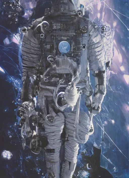 Image similar to astronaut in dark void underwater - complex and hyperdetailed technical suit design. reflection and dispersion materials. rays and dispersion of light. volumetric light. f / 3 2. noise film photo. flash photography. ultra realistic, 5 0 mm. poster by wayne barlowe, hajime sorayama aaron horkey, craig mullins