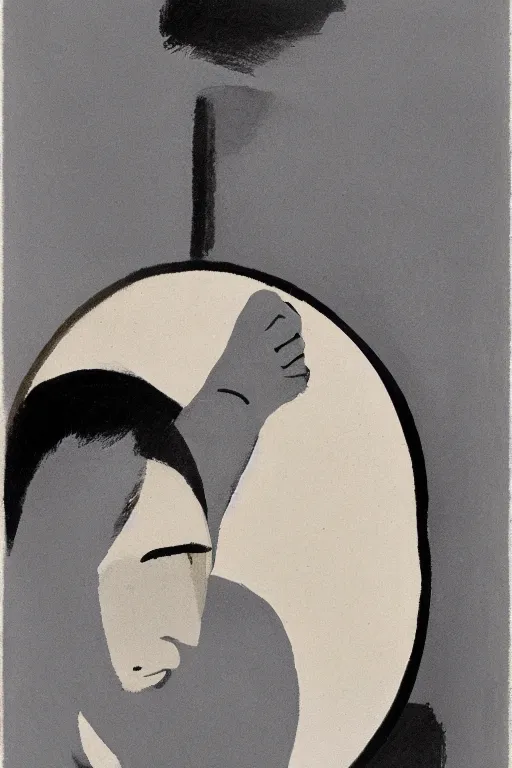 Image similar to man looking at his reflection in the mirror, 1960’s minimalist advertising illustration, painterly, expressive brush strokes